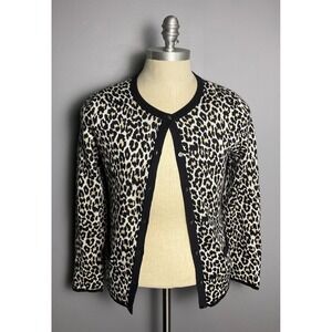 Lands End Womens Leopard Print Supima Cotton Cardigan Sweater Black Tan Medium